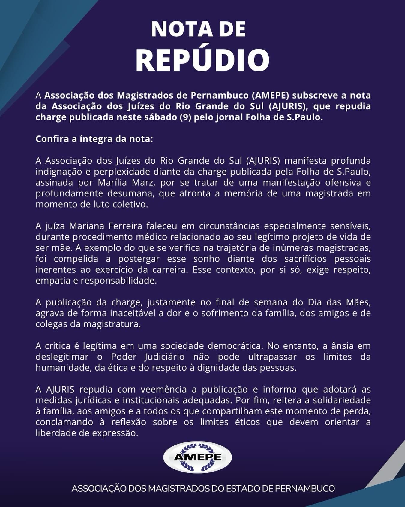 A AMEPE manifesta repúdio à charge publicada pela Folha de S.Paulo neste sábado (9/5), véspera do Dia das Mães, por se tratar de uma manifestação ofensiva e profundamente desumana. A entidade apoia integralmente a nota da Associação dos Juízes do Rio Grande do Sul (AJURIS).