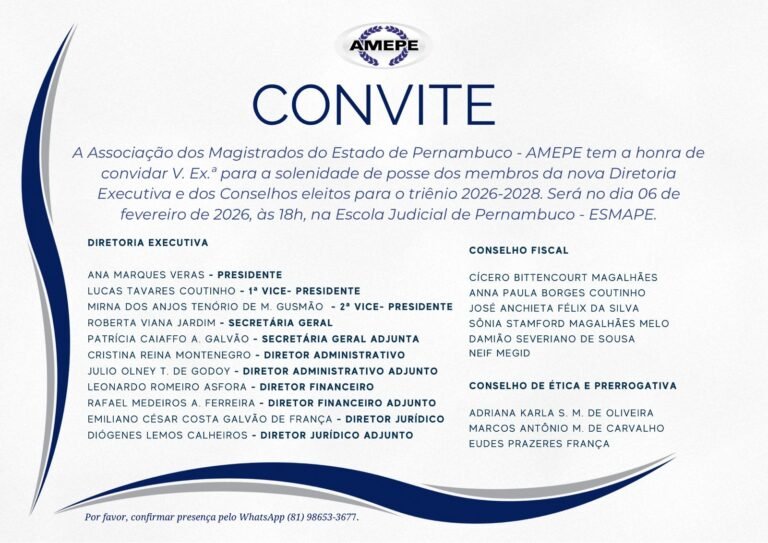 Posse da nova Diretoria da AMEPE e conselhos será no dia 6 de fevereiro. Confirme sua presença